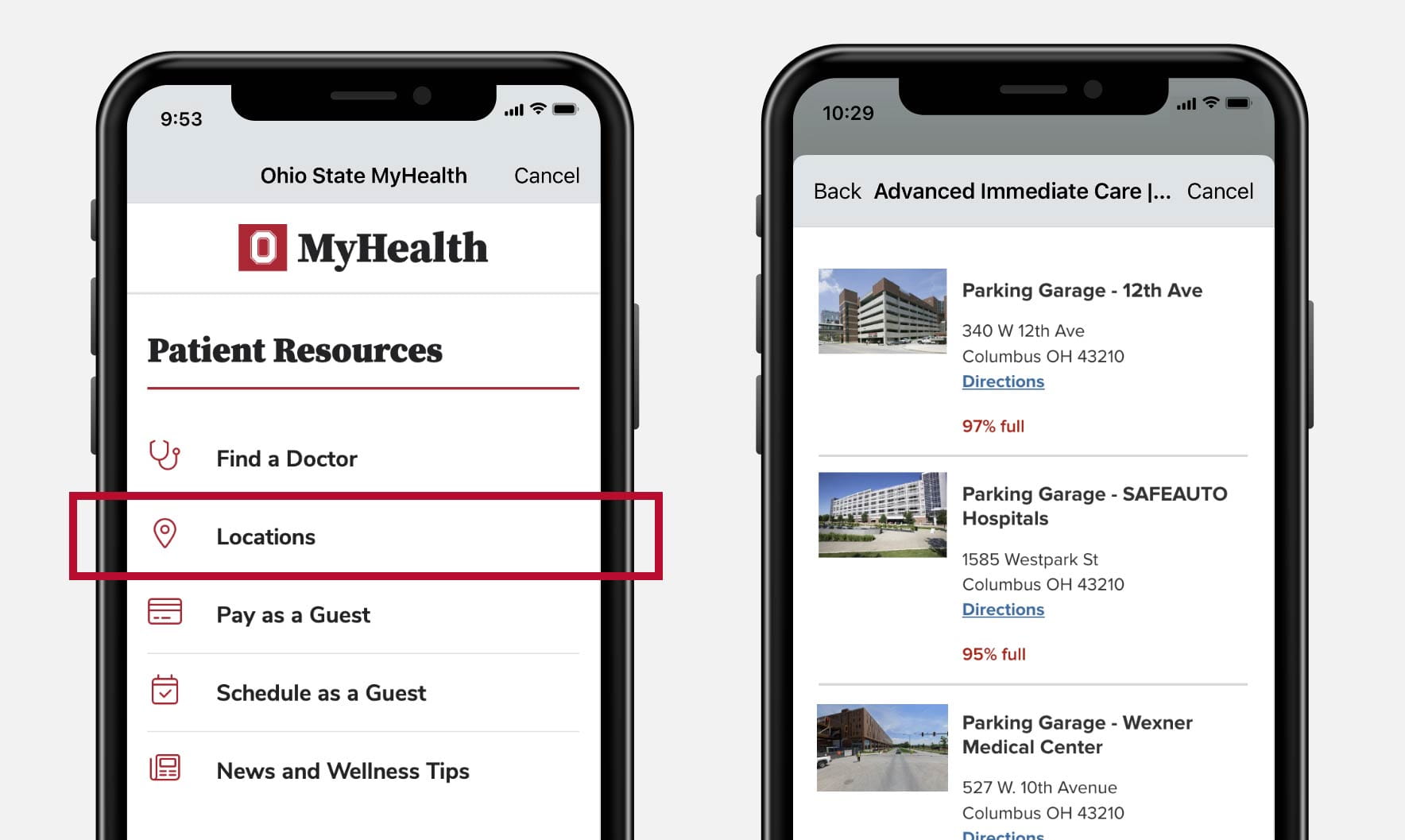Screenshots of parking garage information in the MyHealth app
