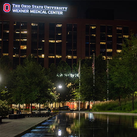The Ohio State University Wexner Medical Center at night. 