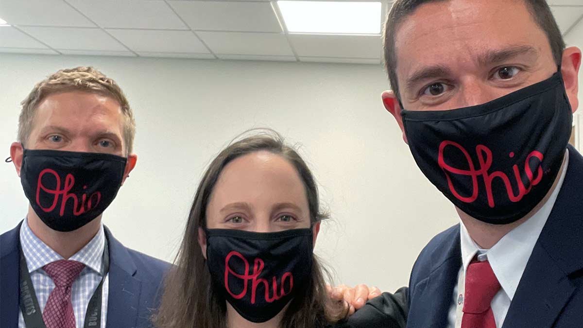 Three Pulmonary and Critical Care Medicine Fellows wearing face masks with Ohio Script. 