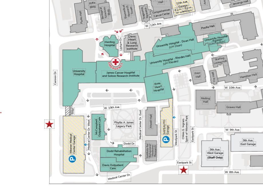 Map of the medical center campus showing designated areas for news media to do live reports.