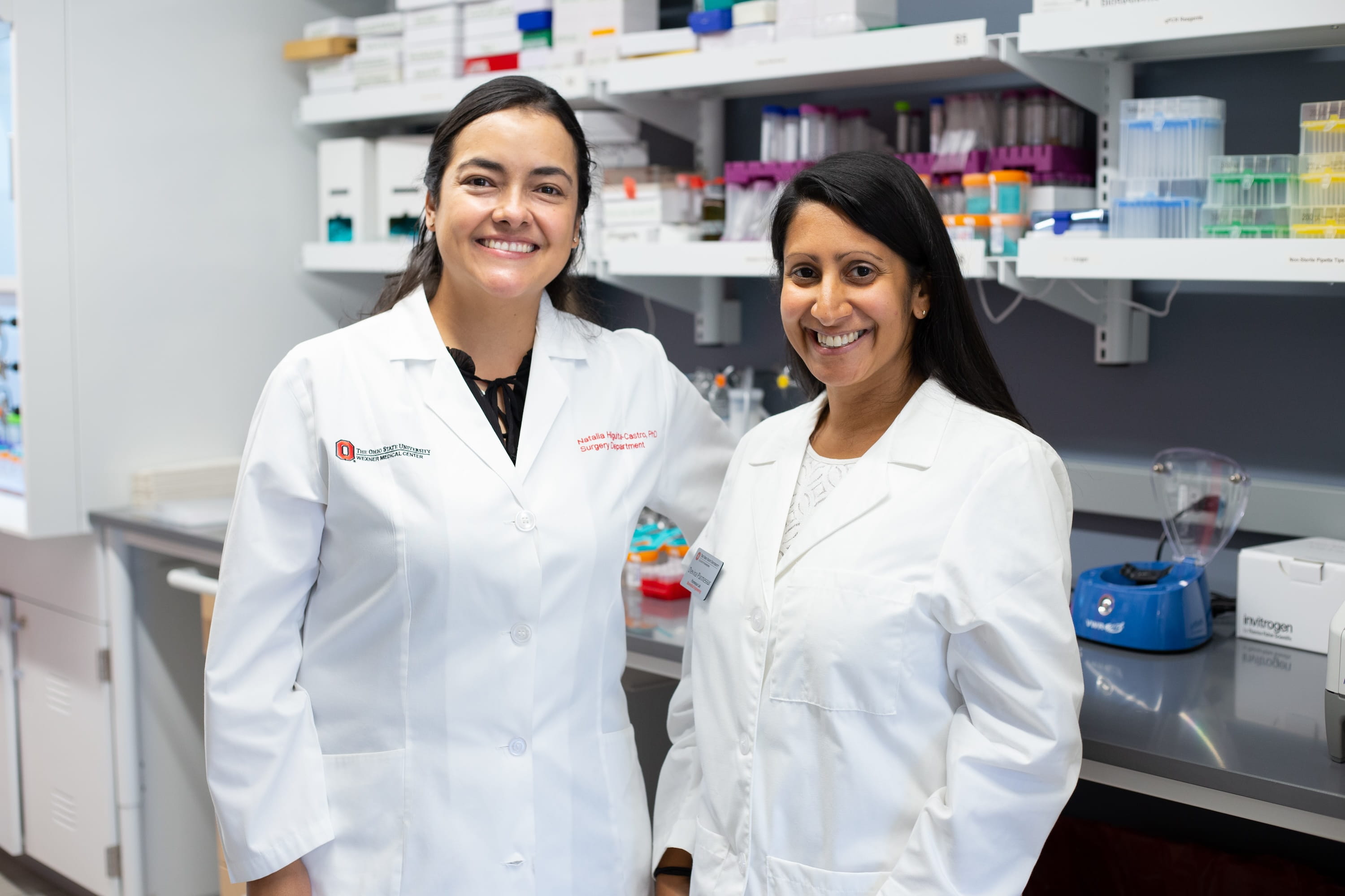 Natalia Higuita-Castro, left and Devina Purmessur Walter have shown in a new study that disc-related back pain may one day meet its therapeutic match: gene therapy delivered by naturally derived nanocarriers that repairs damaged discs in the spine and lowers pain symptoms in mice.