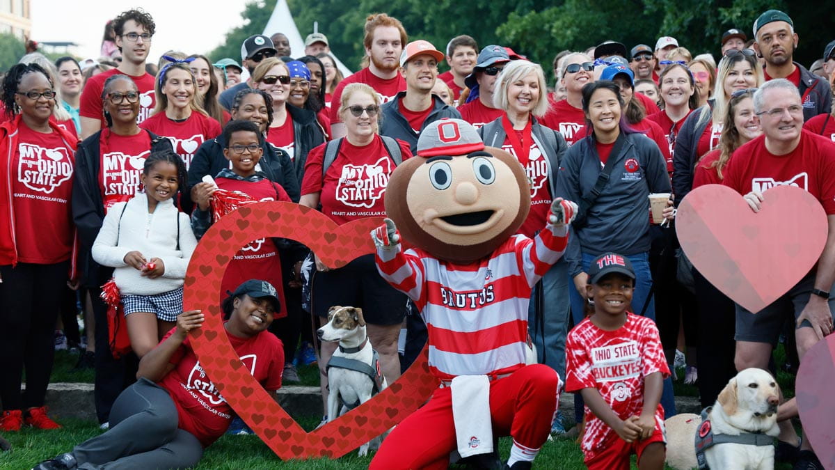 Ohio State Heart Walk group of participants and Brutus Buckeye