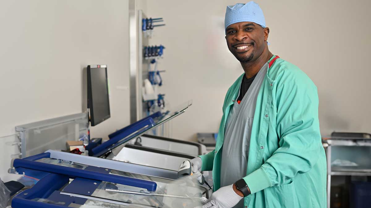 Brandon Woods, central sterile supply, working with medical instruments