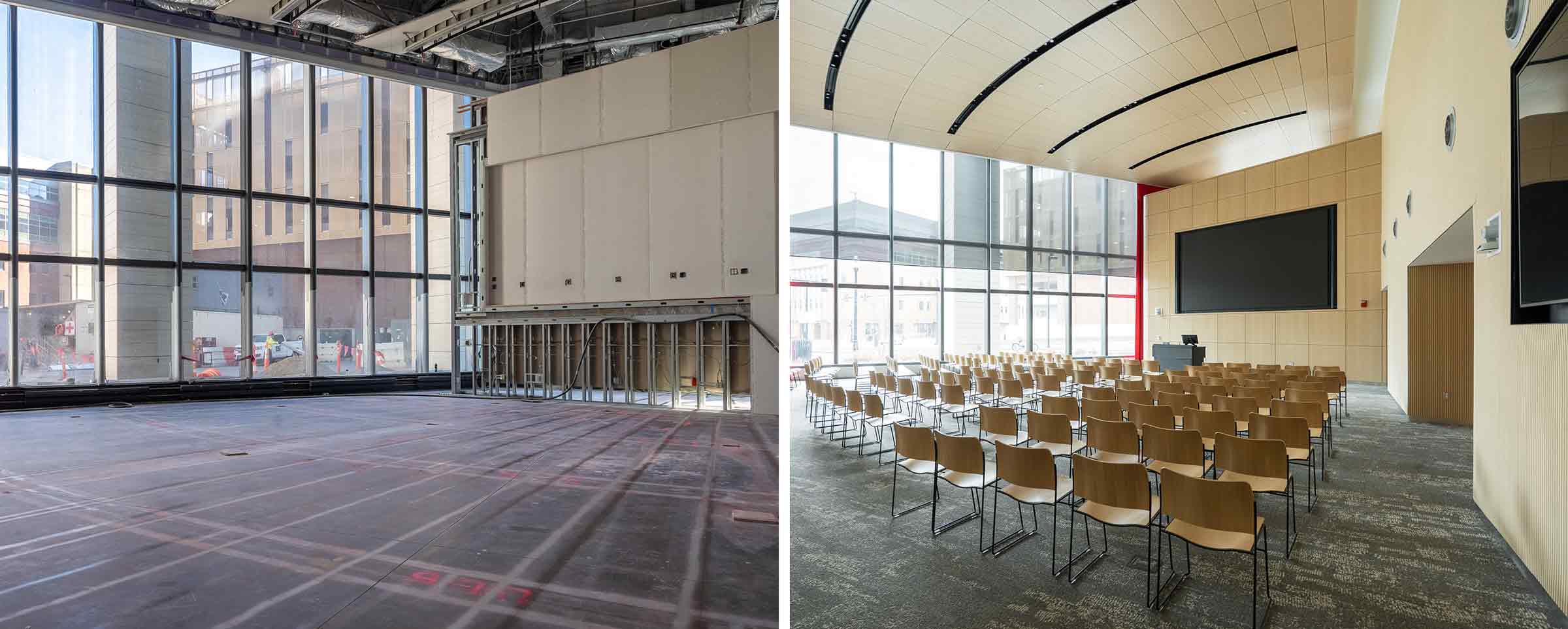 before and after image of the auditorium in the new University Hospital at The Ohio State University Wexner Medical Center