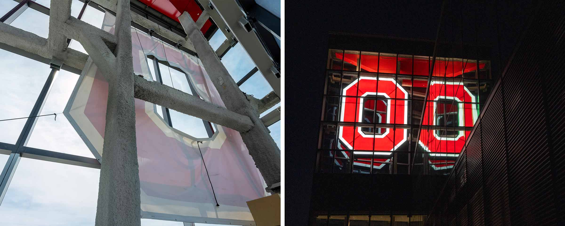 before and after image of the block O at the top of the new University Hospital at The Ohio State University Wexner Medical Center