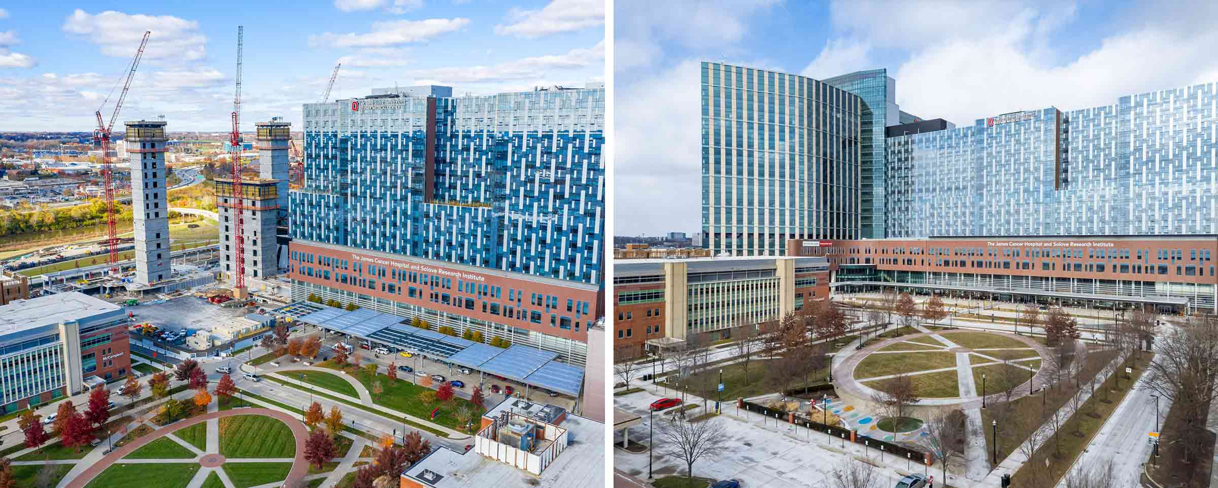 before and after image of the building progress of the new University Hospital at The Ohio State University Wexner Medical Center