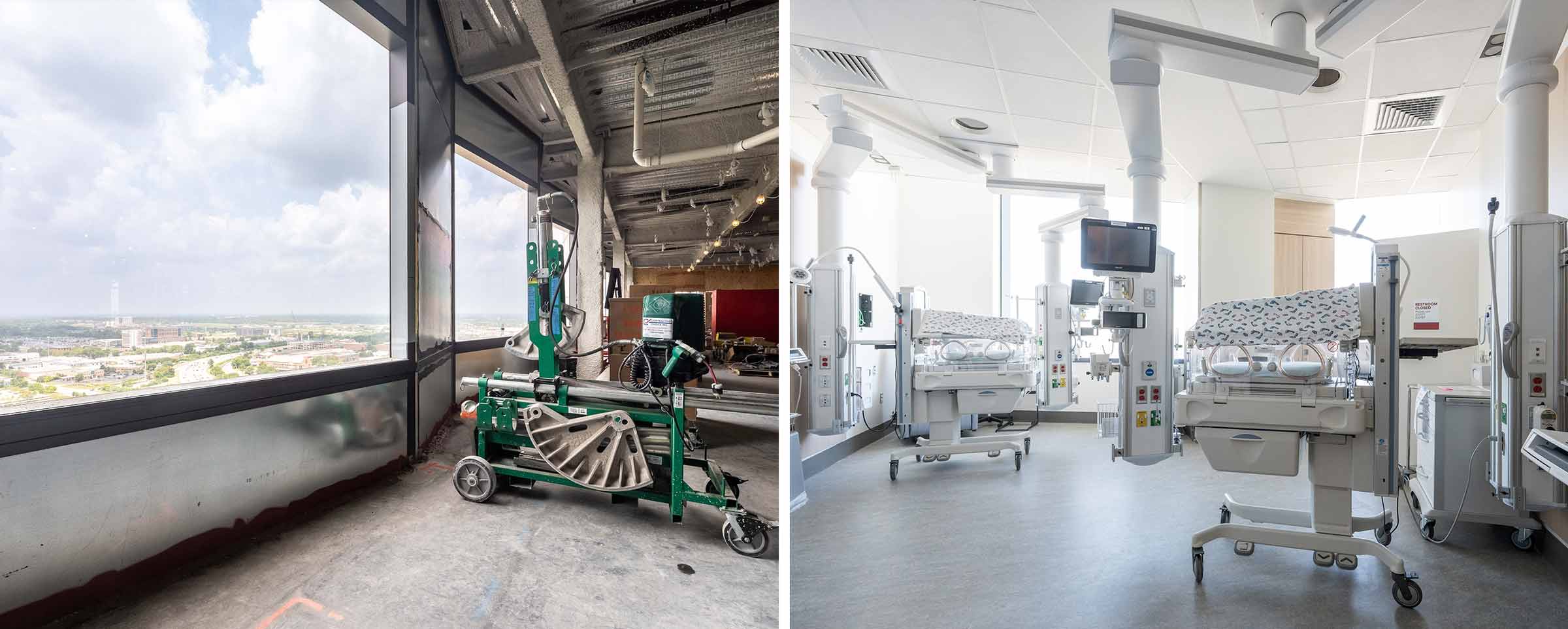 before and after image of the childbirth rooms in the new University Hospital at The Ohio State University Wexner Medical Center