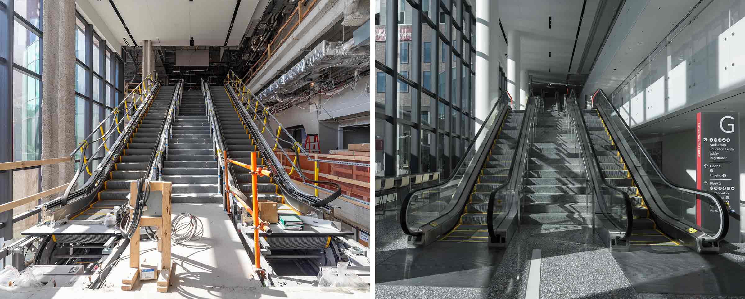 before and after image of the escalators in the new University Hospital at The Ohio State University Wexner Medical Center