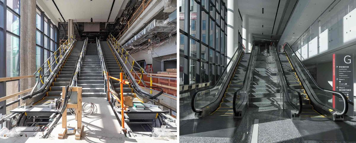 before and after image of the escalators in the new University Hospital at The Ohio State University Wexner Medical Center