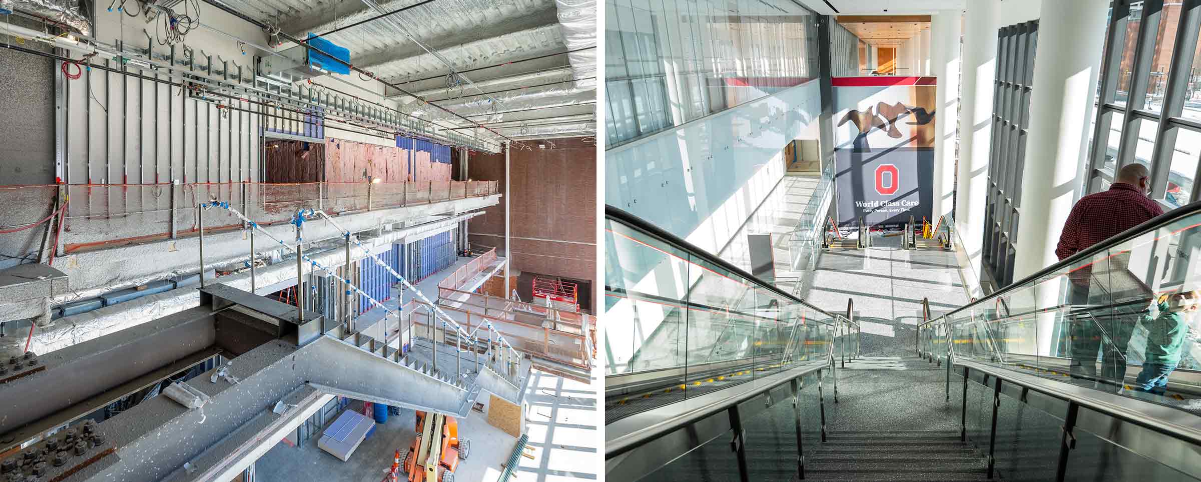 before and after image of the escalators in the new University Hospital at The Ohio State University Wexner Medical Center
