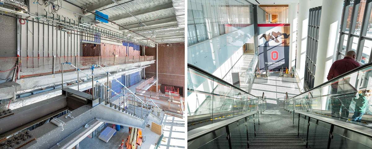 before and after image of the escalators in the new University Hospital at The Ohio State University Wexner Medical Center