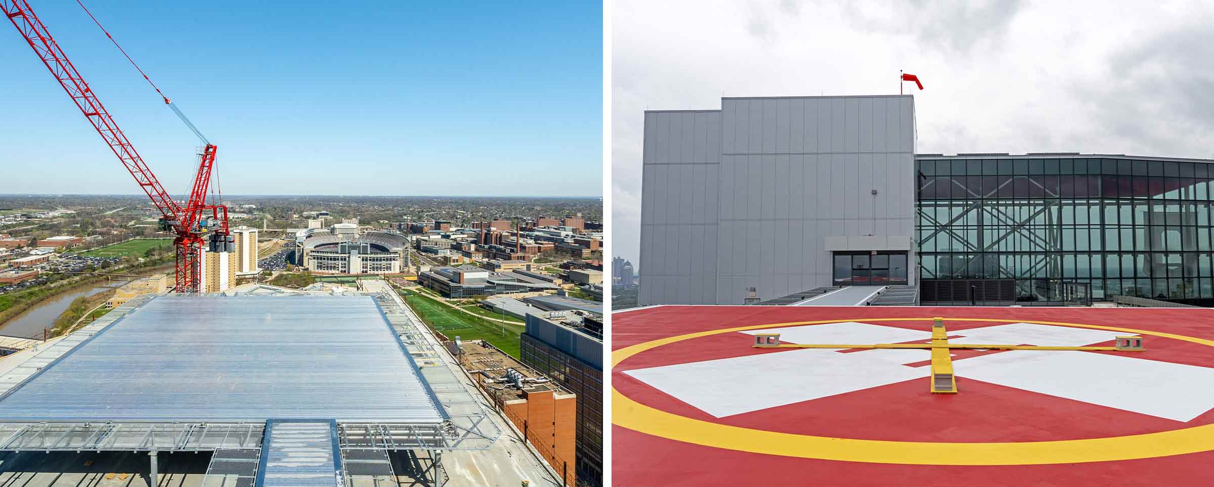 before and after image of the helipad on top of the new University Hospital at The Ohio State University Wexner Medical Center