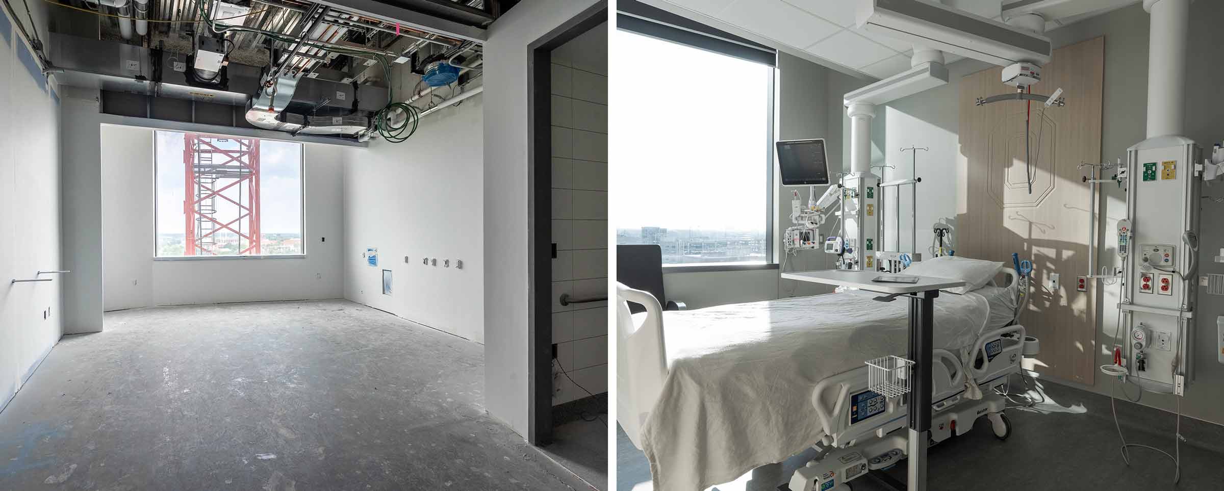 before and after image of an intensive care unit room in the new University Hospital at The Ohio State University Wexner Medical Center