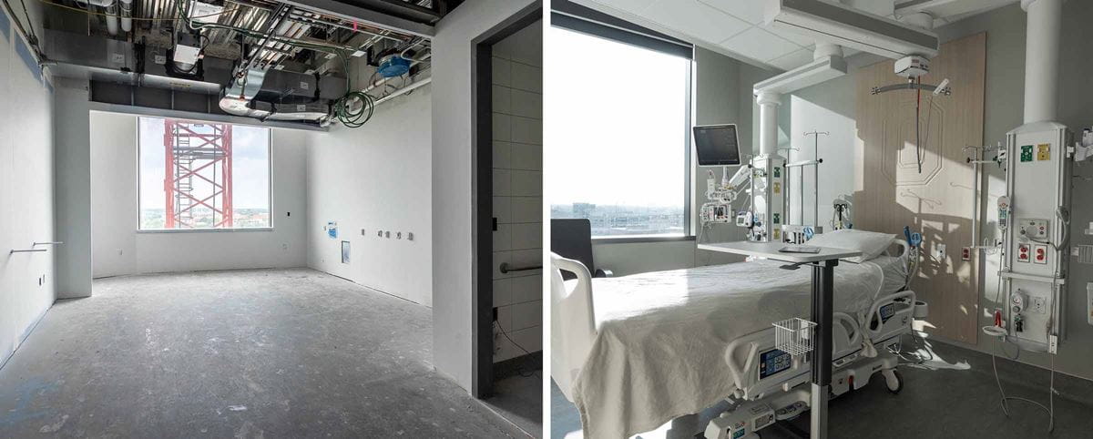 before and after image of an intensive care unit room in the new University Hospital at The Ohio State University Wexner Medical Center