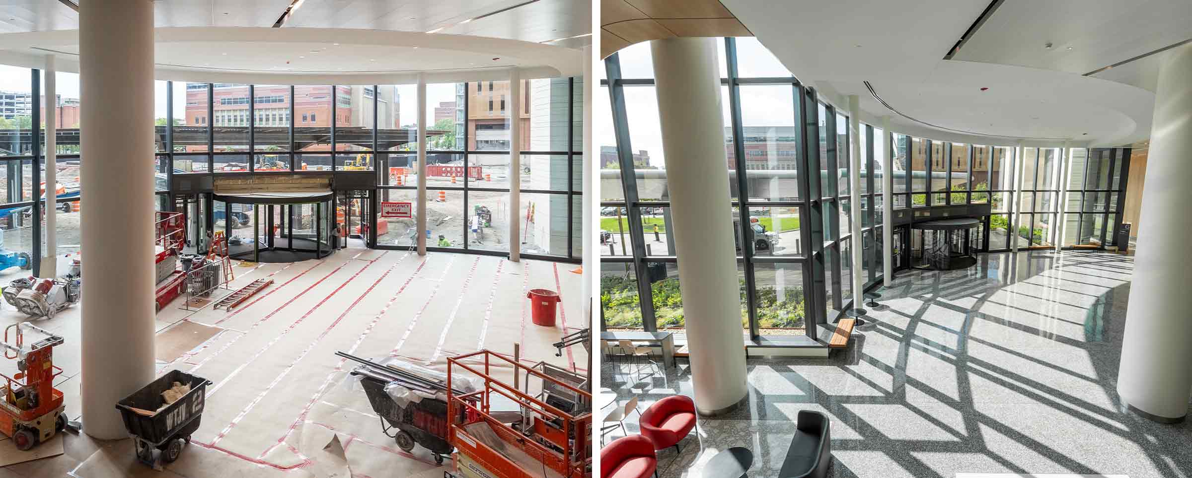 before and after image of the lobby in the new University Hospital at The Ohio State University Wexner Medical Center