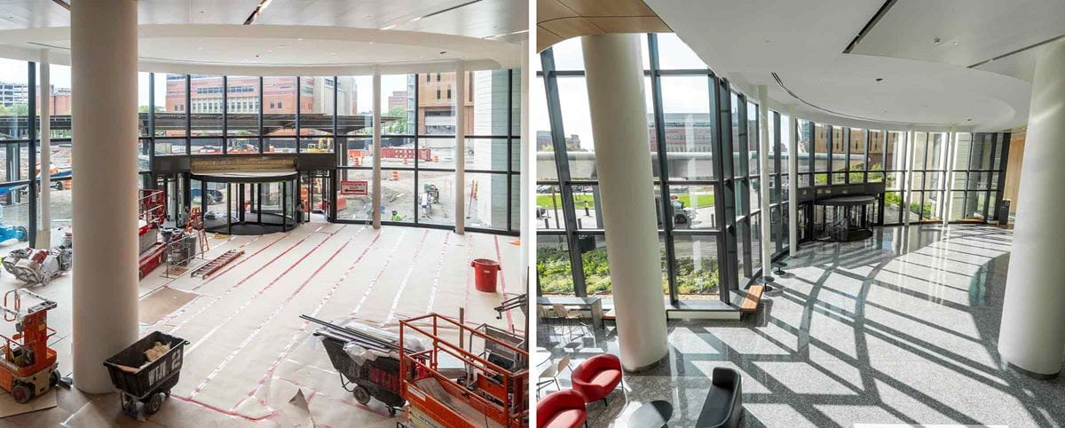 before and after image of the lobby in the new University Hospital at The Ohio State University Wexner Medical Center