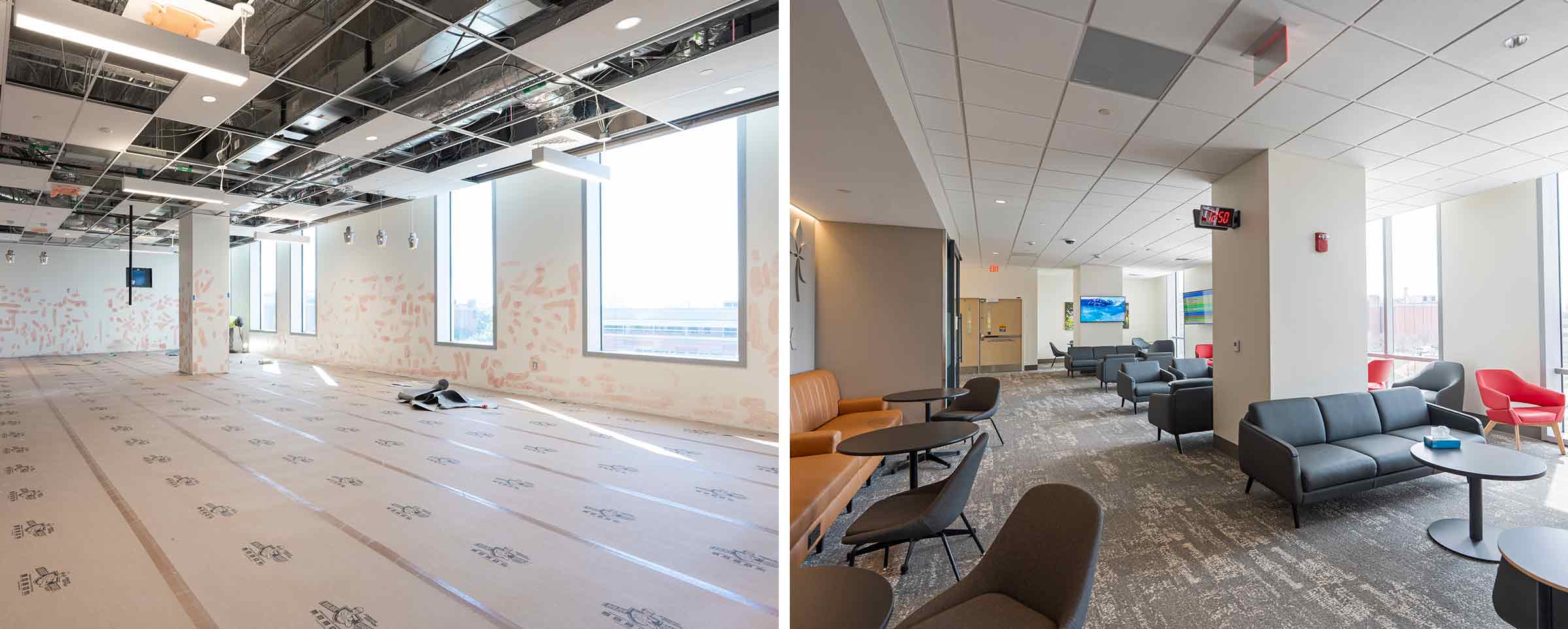 before and after image of a waiting room outside of the operating room in the new University Hospital at The Ohio State University Wexner Medical Center