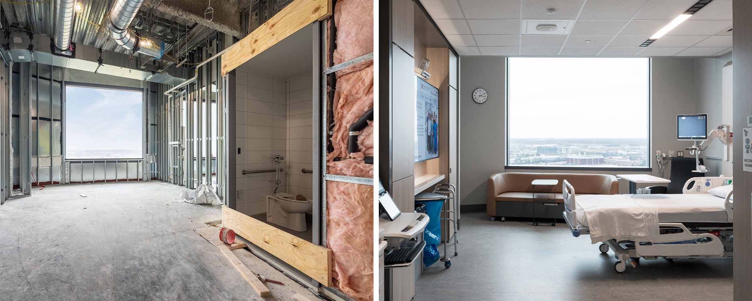 before and after image of a patient room in the new University Hospital at The Ohio State University Wexner Medical Center