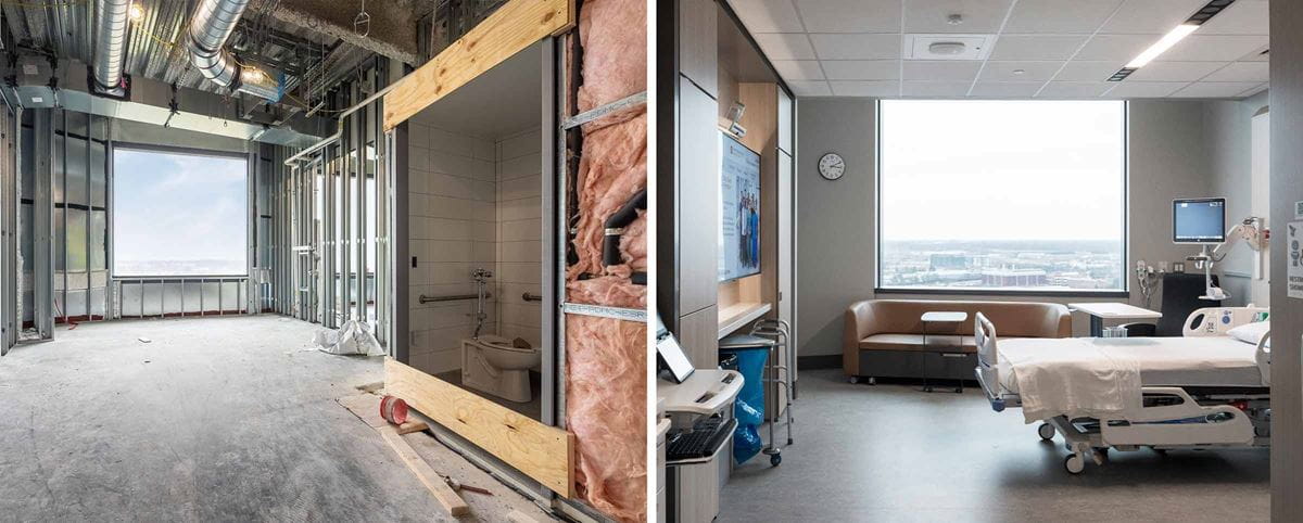before and after image of a patient room in the new University Hospital at The Ohio State University Wexner Medical Center