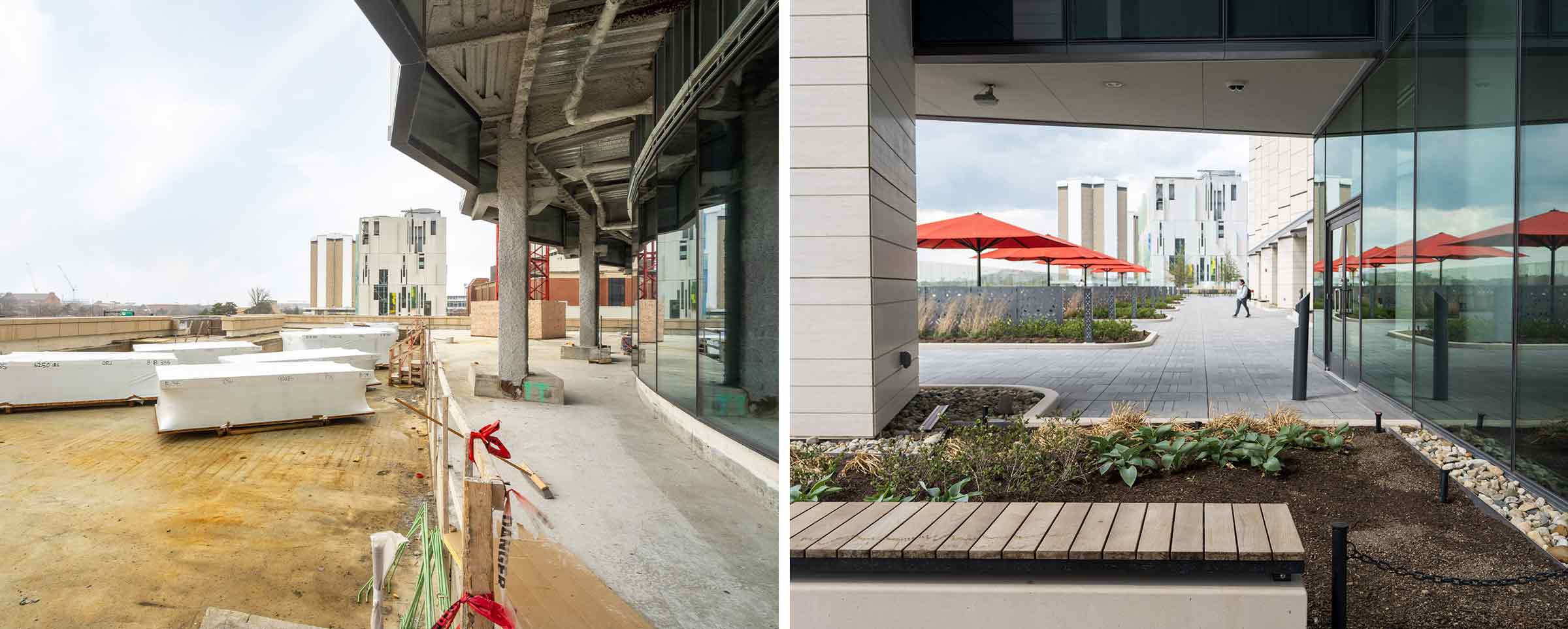 before and after image of the terrace in the new University Hospital at The Ohio State University Wexner Medical Center