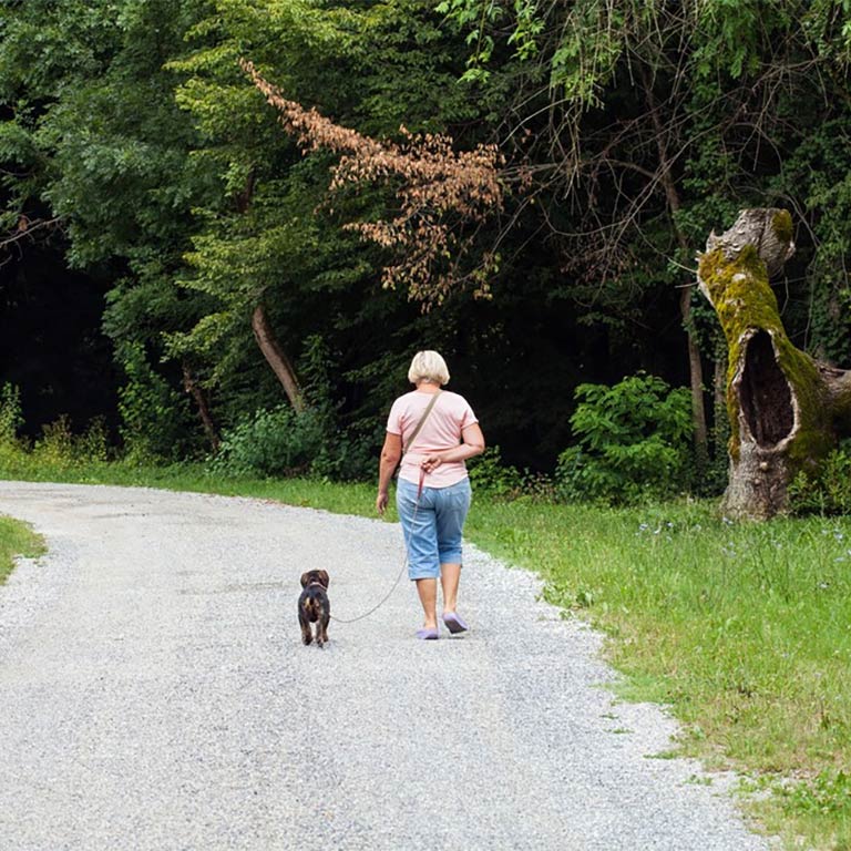 Woman walking a dog outside