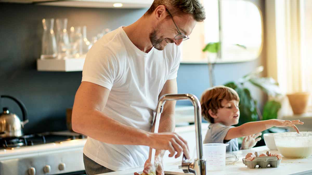 Father and son in kitchen