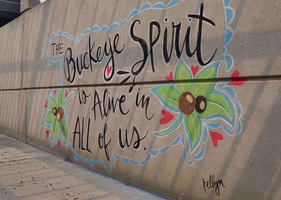 A mural with the words “Buckeye Spirit” at Ohio State’s medical center