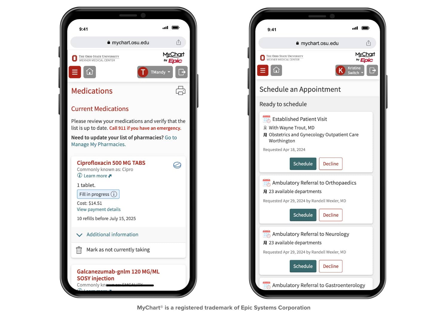 Screens showing updates in MyChart