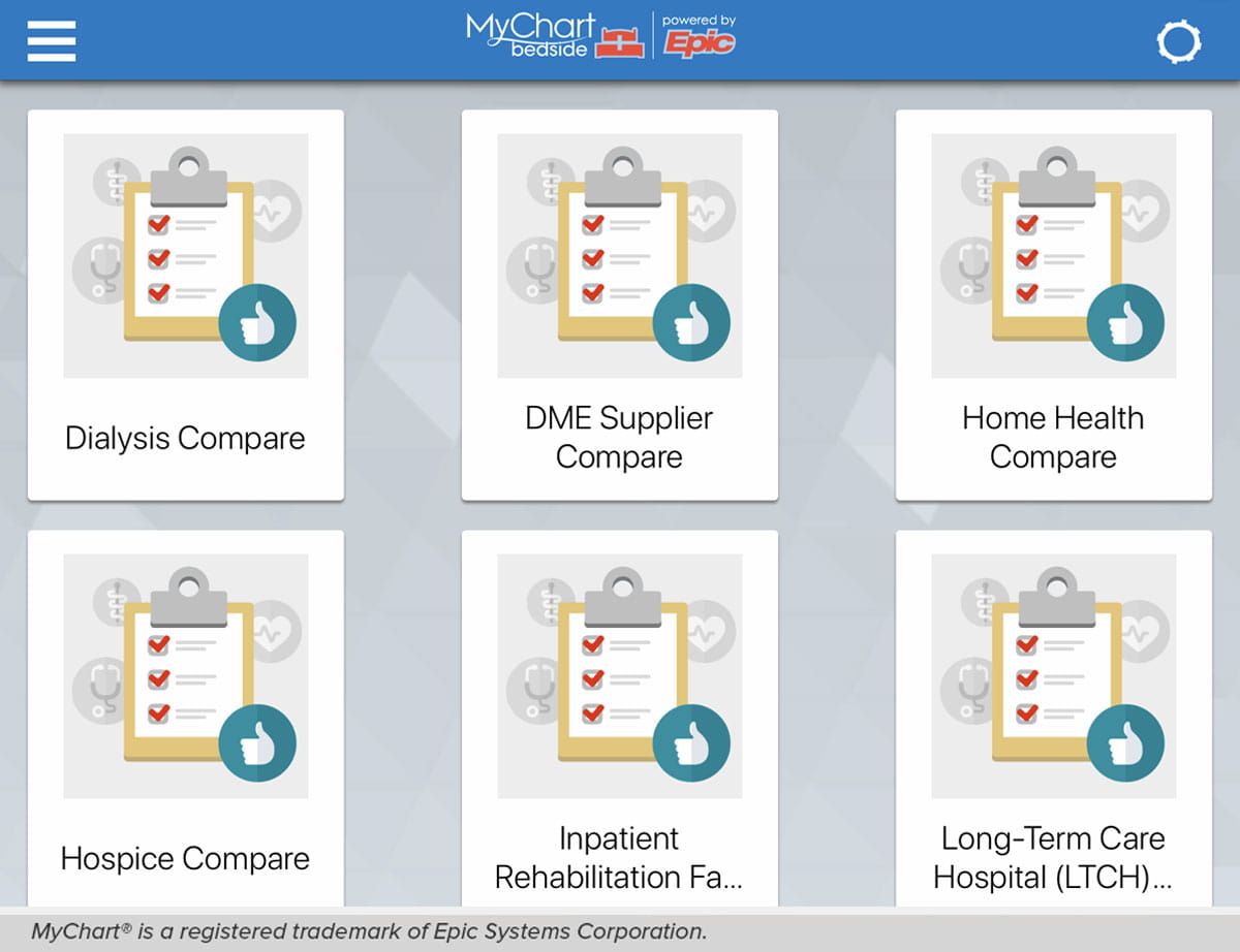 MyChart Bedside screen where you can compare care options