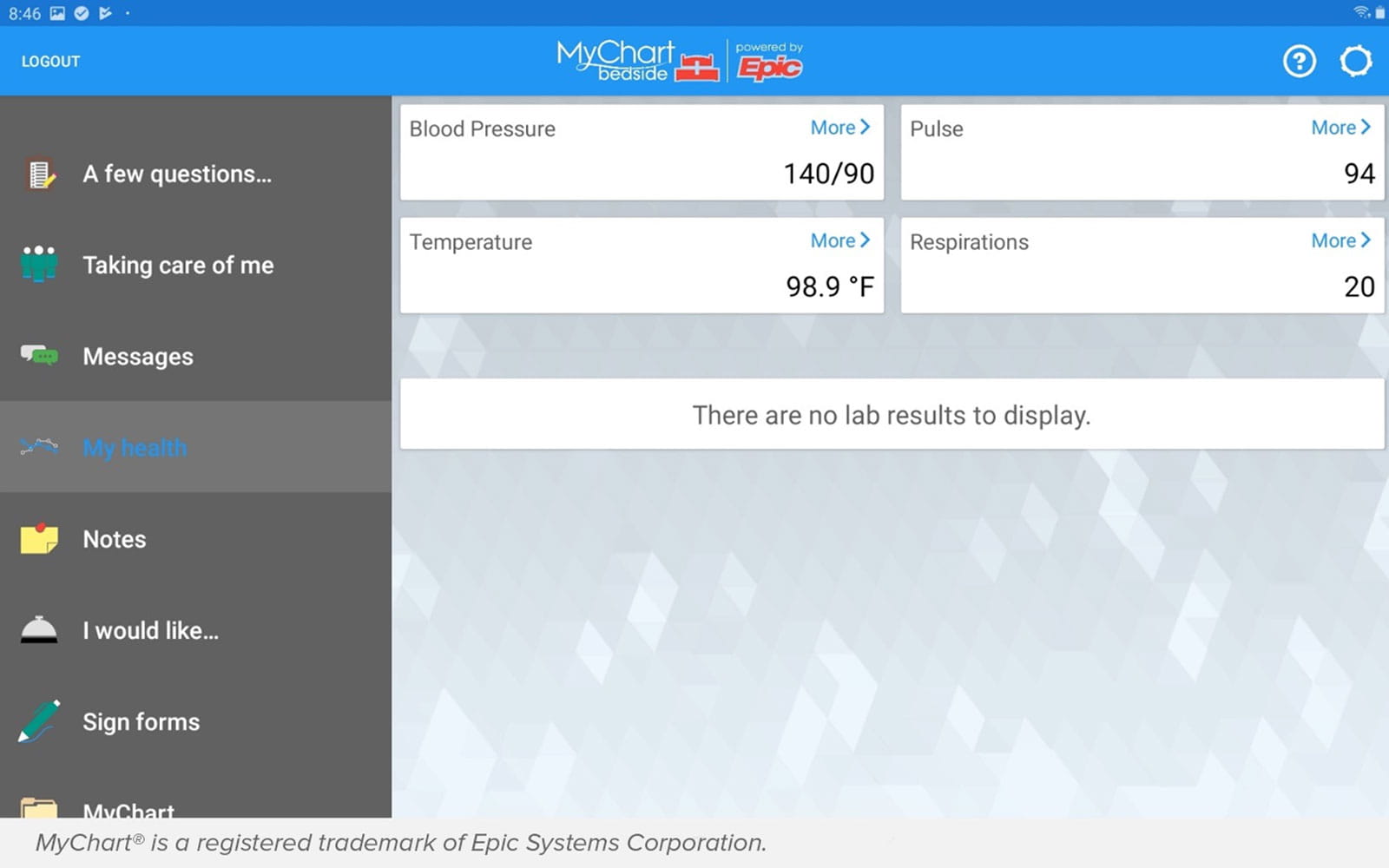 the my health screen in MyChart Bedside