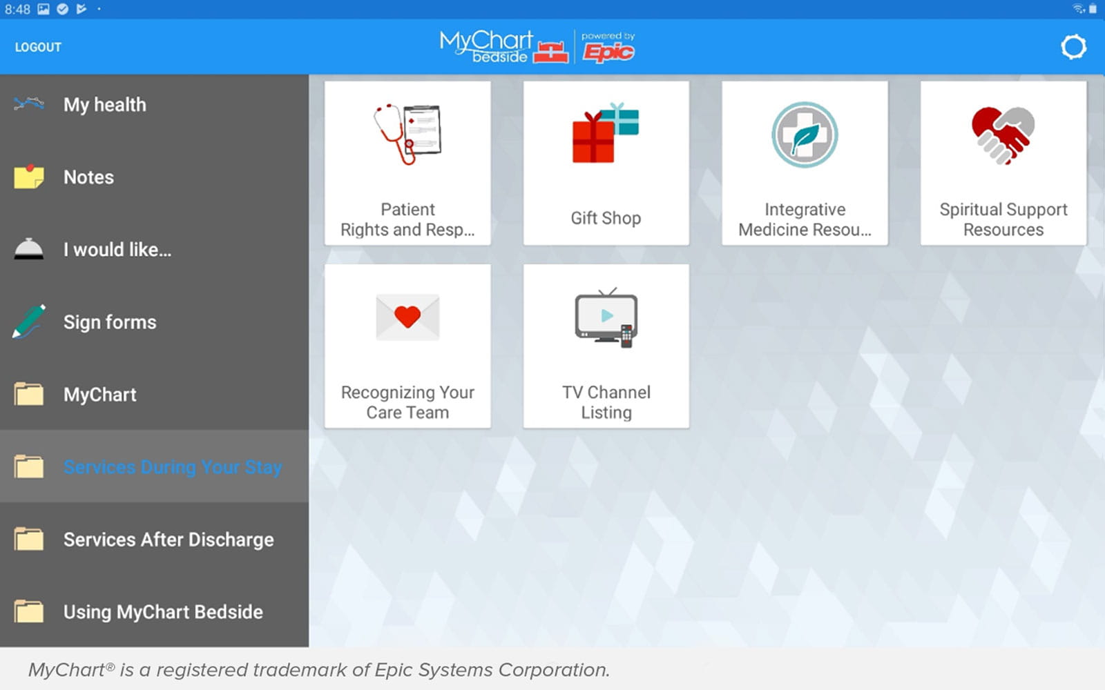The services screen in MyChart Bedside