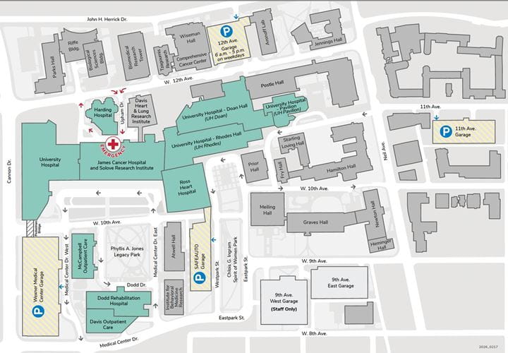 The Ohio State University Wexner Medical Center's campus map of buildings and roads