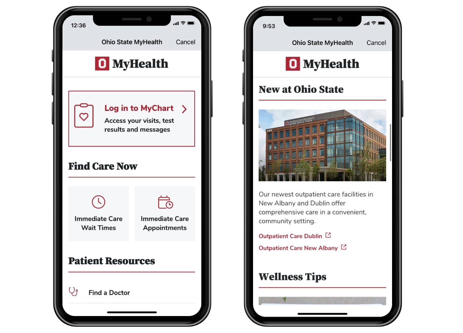 Mobile phone screen shots of the Ohio State MyHealth app. Screen shots feature sections with log in, find care, patient resources, news at Ohio State and wellness tips.