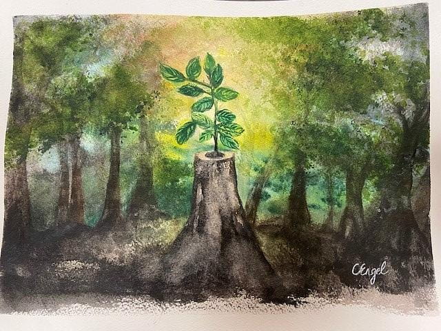 Painting of a sprout growing from an old tree stump