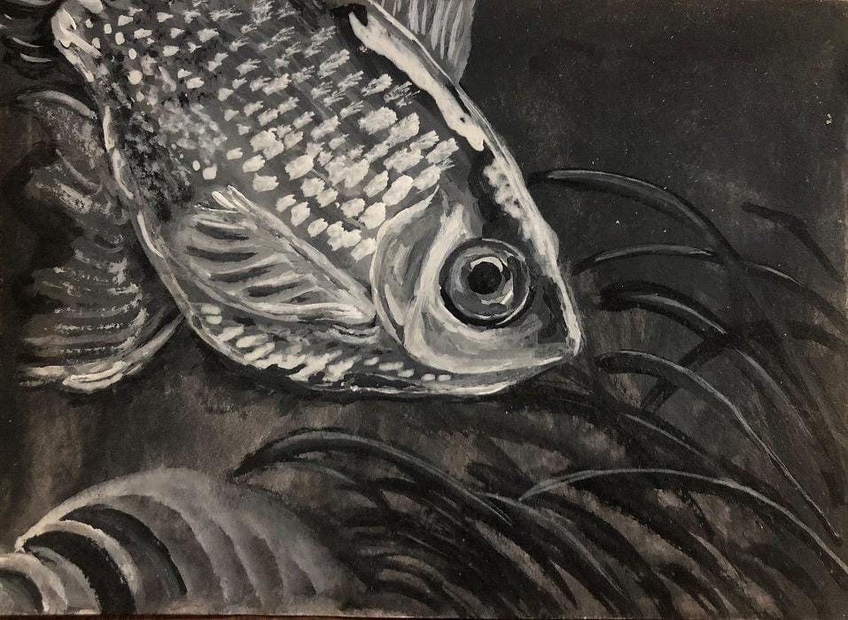 Monochrome painting of a fish in dark waters