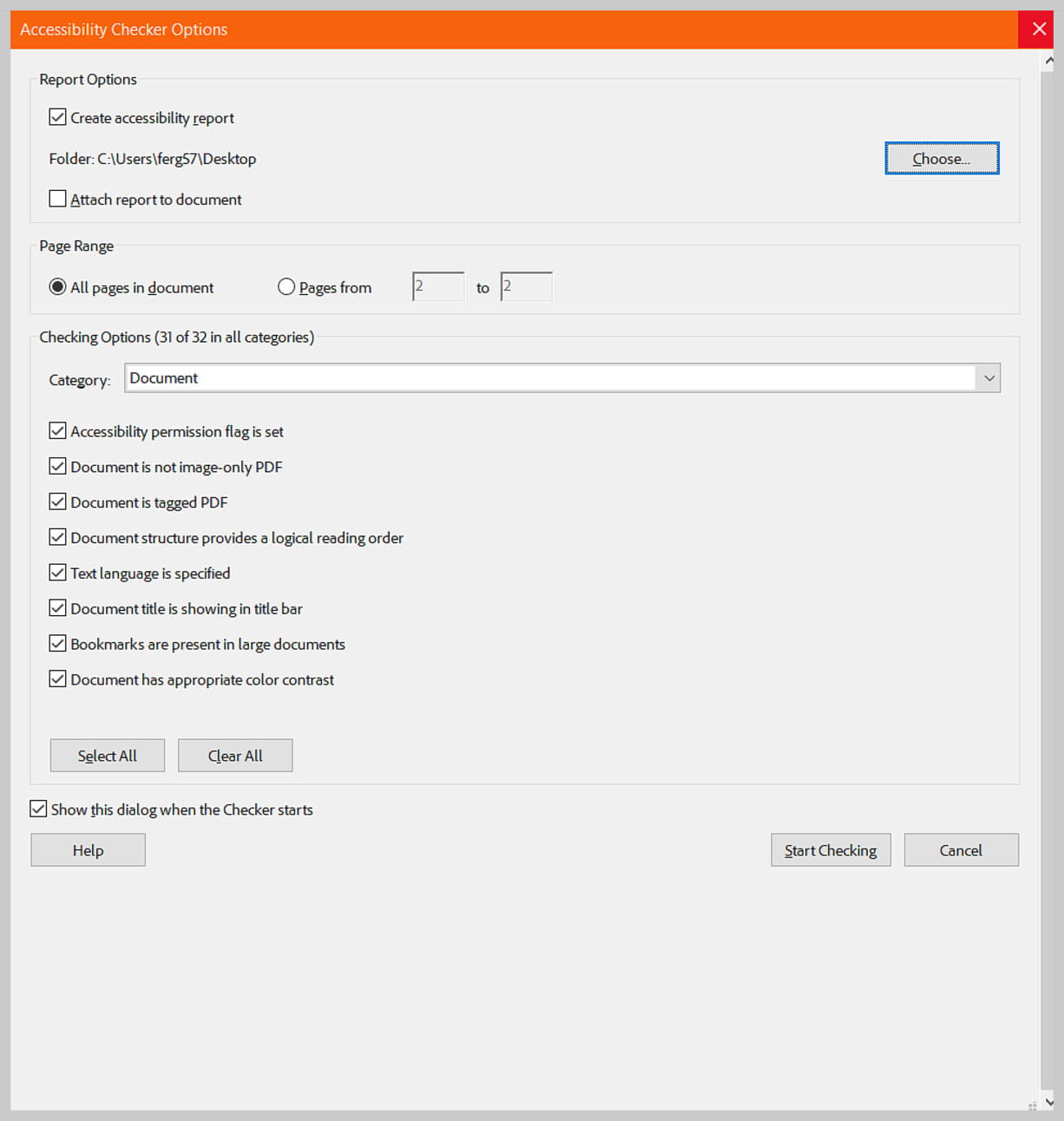Screenshot of Adobe Acrobat Pro showing the Accessibility Checker Options