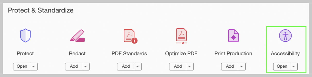 Screenshot of Adobe Acrobat Pro showing the Accessibility tool option