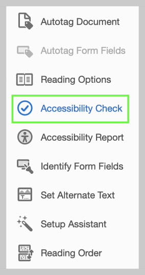 Screenshot of Acrobat Pro showing Accessibility Check tool item