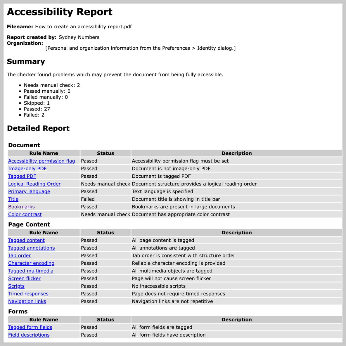 Screenshot showing a passing accessibility report from Adobe Acrobat Pro