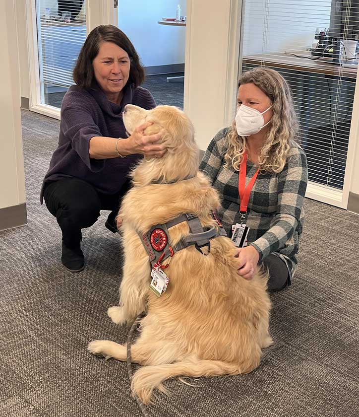 Ann Scheck McAlearney, ScD, MS, the Executive Director of CATALYST, and another woman pet a golden retriever.