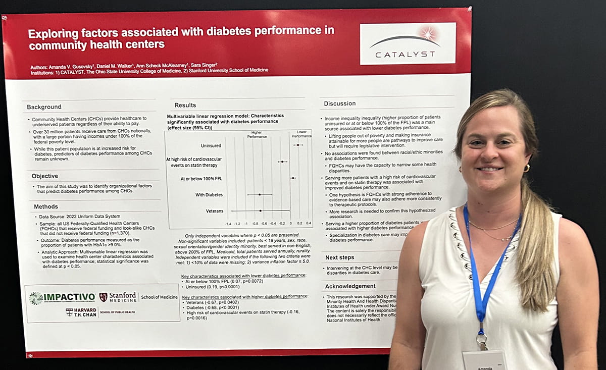 Amanda Gusovsky, PhD, MPH, smiles while standing next to a large research poster that includes the title "Exploring factors associated with diabetes performance in community health centers".