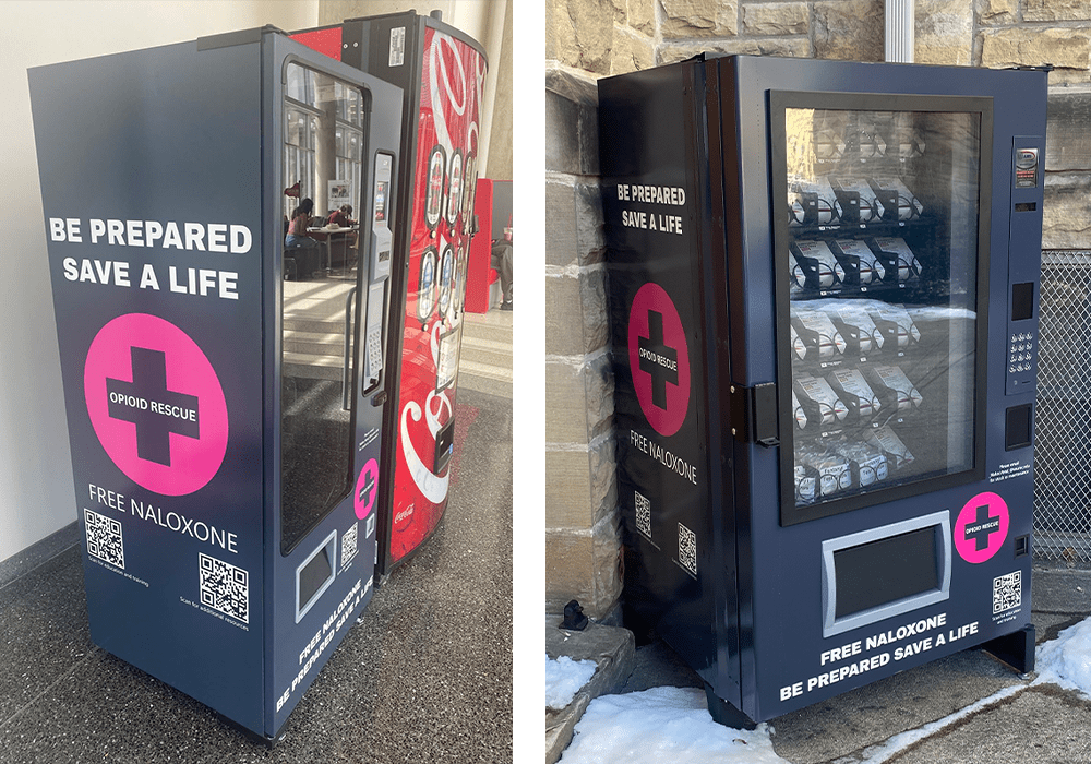 Two vending machines shown in two different locations, marketing Narcan for Project Dawn. 