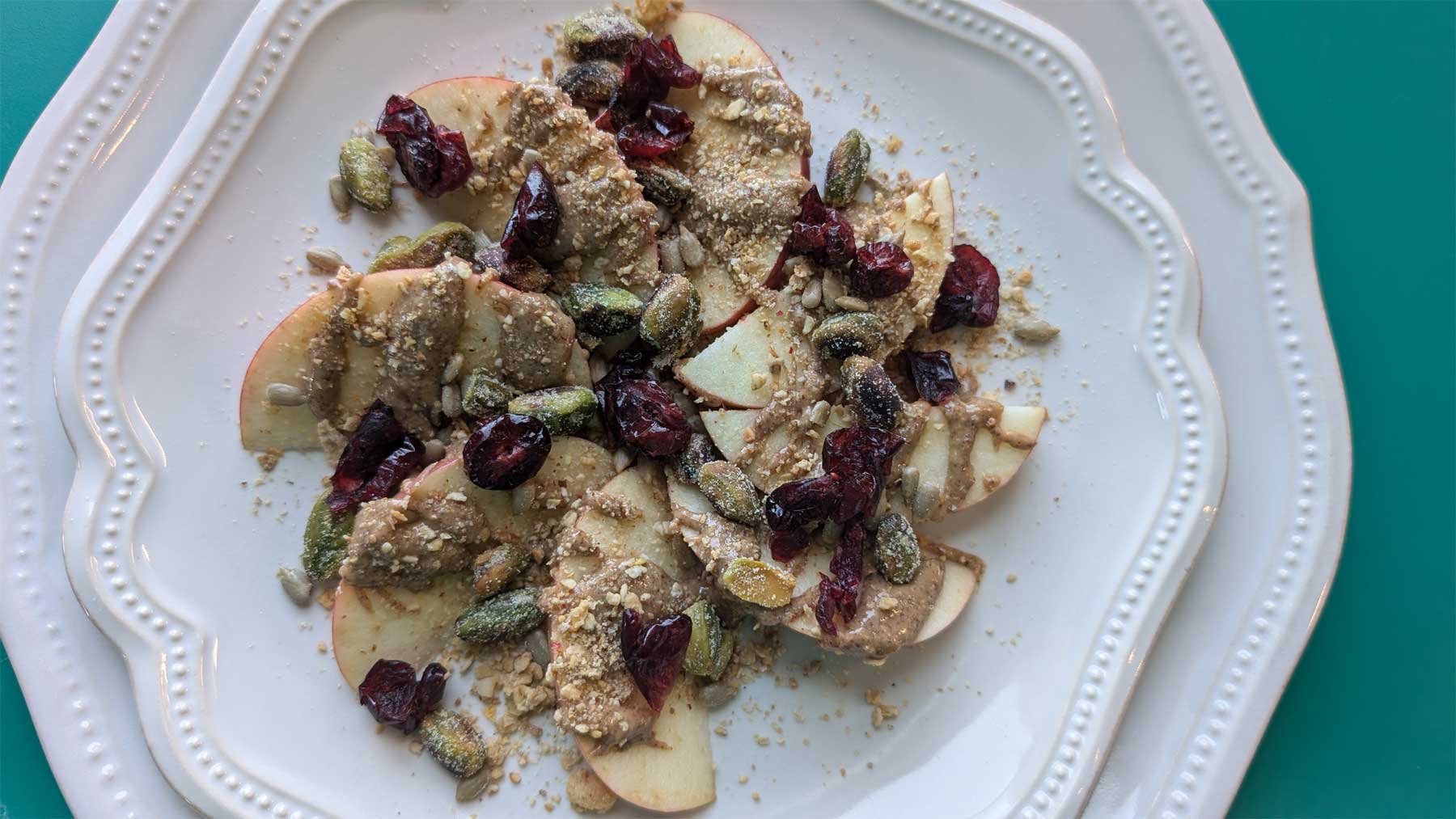 apple nachos on a white plate