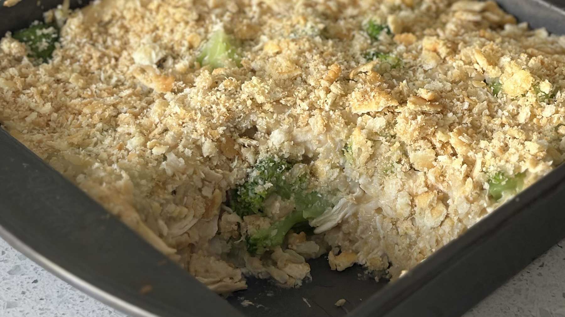 broccoli chicken casserole in a dish