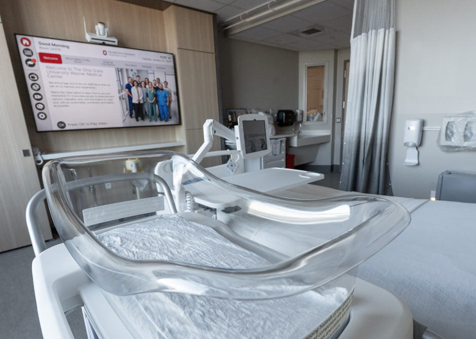 labor and delivery room with tv screen