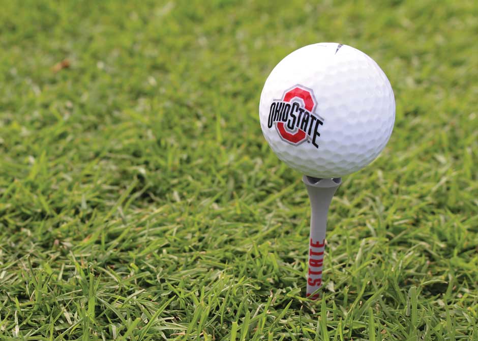 Golf ball on a tee with an OSU block O logo on it