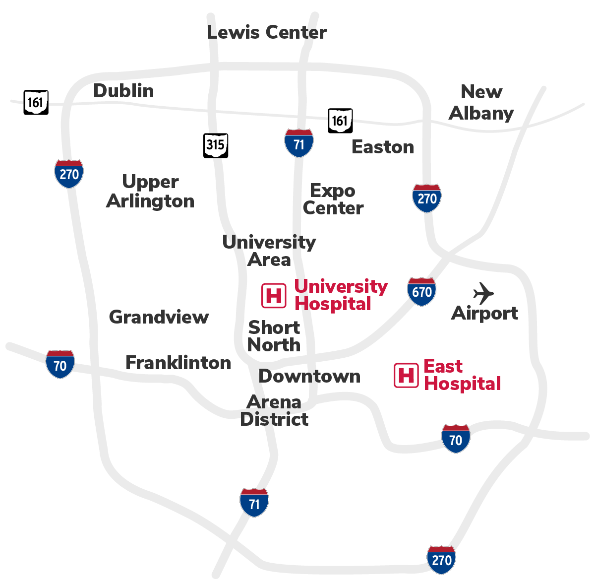 map with the regions of Columbus and The Ohio State University Wexner Medical Center's hospitals