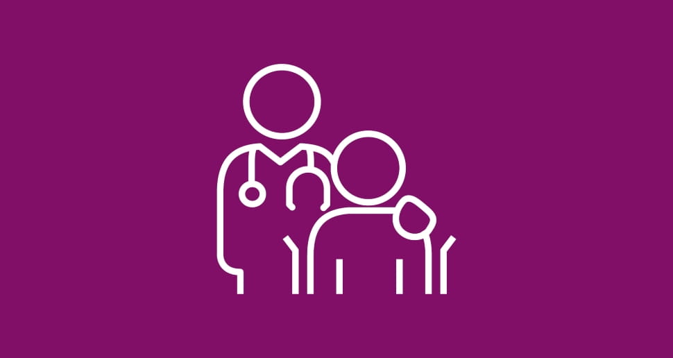 Icon of a doctor and patient, white on a purple background
