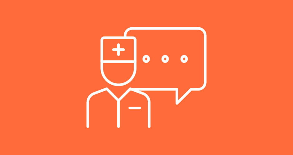 Icon of a medical professional with a speech bubble, on an orange background