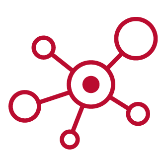 Red and white icon of interconnected circles